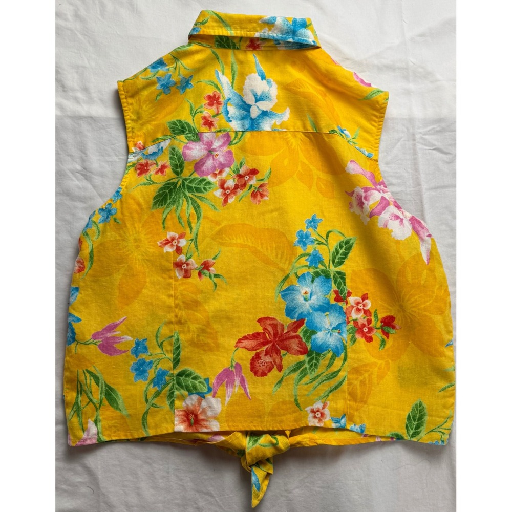 Lauren Ralph Lauren Yellow Linen Tropical Floral Tie Front Sleeveless Shirt L - Picture 9 of 11